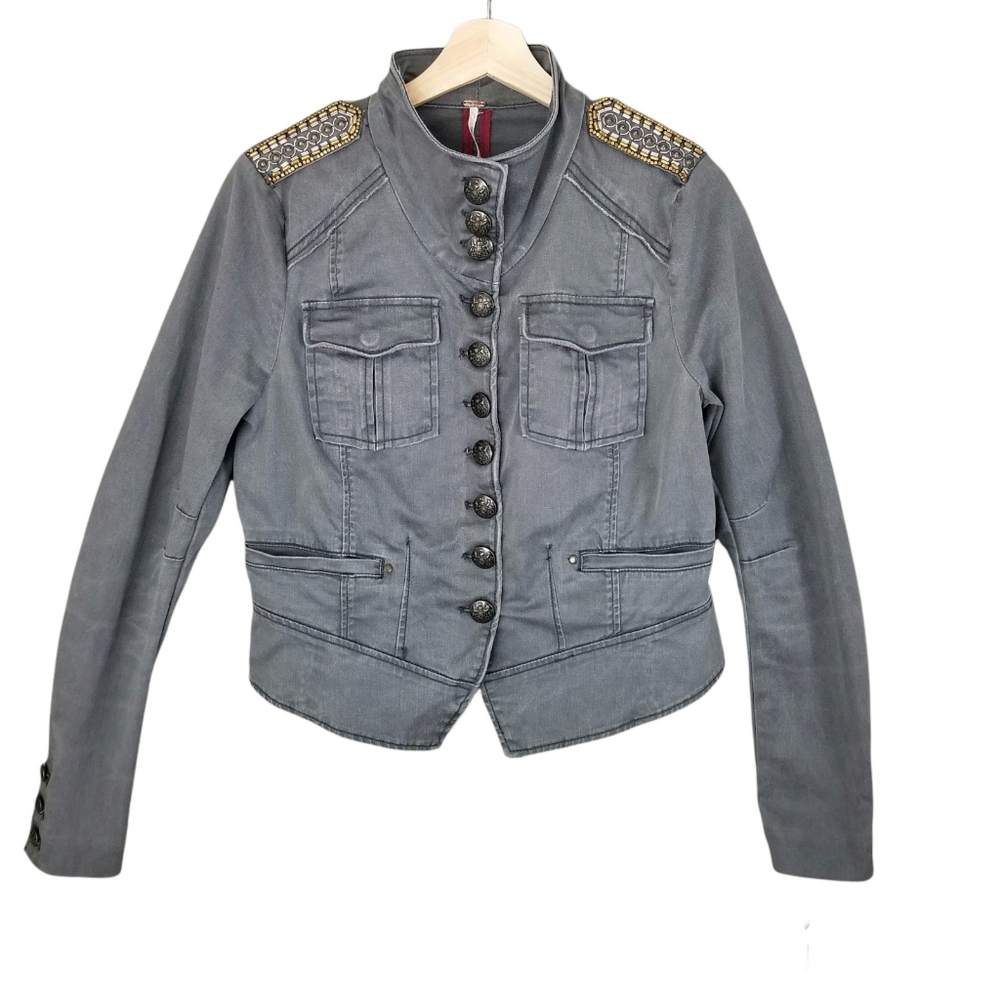 Free People Gray Military Jacket Small Beaded Shoulder Ornamental Button Fitted
